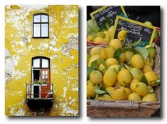 two pictures of lemons in front of a yellow building and a basket full of lemons