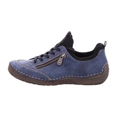 Rieker Lace-up Casual Shoe for Women, Blue Rieker Lace-up Casual Shoe in Blue Comfortable and practical! These ocean blue shoes with a wide black shaft from Rieker guarantee a heavenly wearing experience. The lightweight and shock-absorbing profile sole provides lasting comfort - even on long days. Another plus is the soft insole. Slip in and feel good!   Color: Blue  Heel Height: 2.7 cm  Heel Shape: Flat  Toe Shape: Round  Shoe Width: Normal (G)  Removable Insole: No  Color of Sole: Gray  Closure: Slip-on  Water Protection: No  Reflective: No  Fit: True to size  Shaft Height: Ankle-high   Material & Care  Upper Material: Synthetic  Inner Material: Synthetic  Insole: Leather  Sole: PU Sole  Shoe Lining: Cold or Unlined  Care Instructions: Remove dust and dirt with a soft shoe brush or a li Casual Blue Lace-up Walking Shoes, Blue Lace-up Walking Shoes For Outdoor Activities, Casual Blue Round Toe Walking Shoes, Casual Blue Walking Shoes With Round Toe, Blue Walking Shoes With Rubber Sole, Comfortable Blue Leather Walking Shoes, Blue Synthetic Outdoor Walking Shoes, Navy Low-top Sneakers With Arch Support, Navy Sporty Sneakers With Arch Support