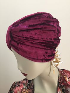 "Beautiful women's turban hat in wine red stretch velvet. Pictures show turban worn with and without hair or wig. Luxurious  fabric. Smooth seams make the hat feel comfortable.  One standard size. Spandex content makes this turban hat stretch up to 24\".  Delicate hand wash in mild detergent, air dry. Do not iron. ** Brooch not included." Purple Fitted Turban For Parties, Fitted Purple Turban For Parties, Fitted Purple Party Turban, Head Turban, Velvet Turban, Chemo Headwear, Velvet Hat, Turban Headwrap, Turban Hat