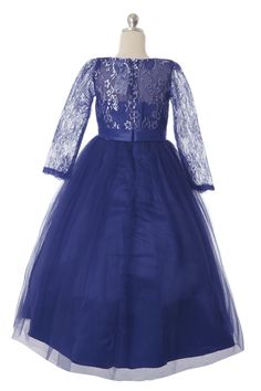 Long sleeves dress with full lace bodice and illusion sweetheart neckline. Rhinestone trim along the waist and floor length plain tulle skirt. Full lining and crinoline within. Size Chart: -Size 4 Height: 42-44 in Weight: 37-41 lbs -Size 6 Height: 48-49 in Weight: 47-53 lbs -Size 8 Height: 53-54 in Bust: 27.5 in Waist: 23.5 in Hips: 29 in -Size 10 Height: 55-57 in Bust: 29 in Waist: 24.5 in Hips: 30.5 in -Size 12 Height: 58-59 in Bust: 30.5 in Waist: 25.5 in Hips: 32.5 in -Size 14 Height: 60-62 Lace Gown With Sheer Bodice For Prom Season, Sheer Bodice Lace Gown For Prom Season, Elegant Dresses With Illusion Neckline For Pageants, Princess Style Floor-length Lace Dress, Fitted Illusion Neckline Dress For Pageants, Fitted Dresses With Illusion Neckline For Pageants, Long Sleeve Tulle Dress For Debutante Ball, Lace Dress With Illusion Neckline For Debutante Ball, Debutante Ball Lace Dress With Illusion Neckline