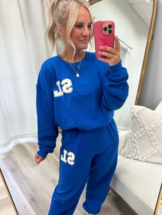 Ideal for lounging, running errands, or casual outings. Effortless style and comfort in one matching set. Feel confident and comfy PLUS these sets make the perfect gift for friends and family. Match with a Friend !Made with our Famous & Loved ‘UM Letter Patches’🏆 This Letter Patch Sweat Set is perfect for every season all year long. Get your two letter on the top & bottom of this cozy & personalized matching set! **Both items are unisex sized - most ladies size down in the pants** Casual Spring Loungewear Sets, Comfortable Letter Print Sweats For Loungewear, Stretch Crew Neck Activewear For Leisure, Blue Casual Sets For Fall, Letter Print Sweats For Spring Loungewear, Comfy Letter Print Sweats For Loungewear, Casual Long Sleeve Leisure Activewear, Winter Casual Loungewear Set, Casual Winter Loungewear Sets