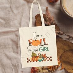 I'm a Fall Kinda Girl Tote Bag, Grateful Tote Bag, Grocery Bag, Fall Canvas Shopper, Inspirational Quote Bag, Shopper Tote, Autumn Tote Bag - Etsy Rectangular Canvas Bags For Fall, Cute Cotton Shoulder Bag With Letter Print, Natural Cotton Bag For Gift, Cute Cotton Canvas Bag For Gift, Autumn Tote Bag, Fall Canvas, Bag Quotes, Girls Tote, Fall Gifts