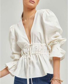 Gorgeous blouse with romantic neckline and fluffy sleeves. Made of pure linen, classy way to make a statement. Linen Fluffy Sleeves, Womens Blouses Summer, Blue Ruffle Top, Cozy Summer, Winter Blouses, Sewing Blouses, Romantic Tops, Linen Top Women, Romantic Blouses