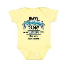 Happy Birthday, Daddy- best gift ever in blue Baby Bodysuit. Celebrate a new little one in the family or just remind Daddy how lucky he is to have such an awesome son or daughter. Our unisex one piece baby bodysuit make great gift for newborns, babies, infants, baby showers and expectant moms. An ideal gift for any new parent who will want one in every color. Baby Bodysuit. Size: Newborn.  Color: Yellow.  Gender: male.  Age Group: infant. Funny Short Sleeve Onesie For Birthdays, Funny Short Sleeve Onesie For Birthday, Fun Short Sleeve Onesie For Birthday, Cute Birthday Bodysuit With Name Print, Cute Bodysuit With Name Print For Birthday, Funny Short Sleeve Bodysuit For Birthday, Playful Short Sleeve Bodysuit For Birthday, Cotton Birthday Onesie For Father's Day, Birthday Cotton Onesie With Letter Print