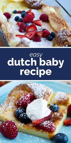 easy dutch baby recipe with berries and powdered sugar