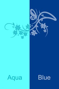 an aqua and blue background with flowers on the left side, in two different colors