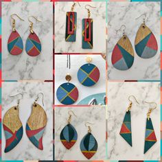 several pictures of different colored wooden earrings