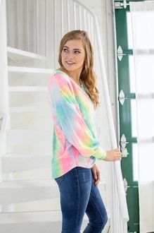 Day in The Life V-Neck Tie Dye Top - MOB Fashion Boutique Casual Puff Sleeve Tops For Loungewear, Spring Puff Sleeve Tops For Loungewear, Casual Puff Sleeve Loungewear Tops, Balloon Sleeve Top For Spring Loungewear, Multicolor V-neck Tops For Loungewear, Casual Multicolor Balloon Sleeve Tops, Multicolor V-neck Loungewear Top, Mob Fashion, Quick Fashion