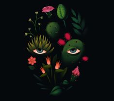 an image of two plants with eyes in the center and flowers around them on a black background