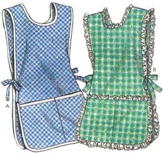 two aprons with ties on them, one is green and the other is blue