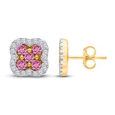 These luxe clover-shaped pink sapphire and diamond earrings bring a playful and pretty touch to any look. 14K yellow gold Four round natural pink sapphires create the bright centerpiece of each stud Round diamonds shine on a dazzling clover-shaped frame Total diamond weight is 3/8 carat Friction backs From the Kallati Collection Pink Diamond Earrings With Diamond Accents As Gift, Gift Pink Diamond Earrings With Accents, Pink Diamond Earrings With Accents, Pink Diamond Earrings As Gift, Pink Diamond Earrings For A Gift, Pink Diamond Earrings Gift, Pink Diamond Earrings With Diamond Accents, Pink Diamond Earrings Fine Jewelry, Fine Jewelry Pink Sapphire Earrings In Yellow Gold