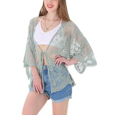 Add a touch of boho flair to your outfit with the Anna-Kaci Women's Short Embroidered Lace Duster Crop Cardigan with Half Sleeves. Blending just the right amount of and modesty, this lace duster keeps your arms and shoulders covered while allowing your outfit to shine through with its sheer lace design. The loose fit, open front, and extra-large armholes ensure a comfortable fit for any body type, creating a dramatic and head-turning flowy look as you walk by. Spring V-neck Beach Cover-up Outerwear, Bohemian Outerwear For Spring Vacation, Bohemian V-neck Summer Outerwear, Green Bohemian Summer Outerwear, Spring Hippie Outerwear For Vacation, Bohemian Spring Outerwear For Day Out, Hippie Outerwear For Spring Vacation, Bohemian Cardigan For Beach Cover-up In Fall, Bohemian Open Front Outerwear For Spring