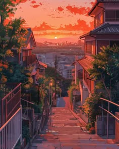 the sun is setting over an alley way with many houses and trees on both sides