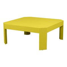 a yellow square table sitting on top of a white floor