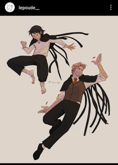 two people in black pants and white shirts with long hair are flying through the air