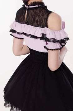 Elevate your kawaii wardrobe with this enchanting purple blouse. The ruffle detailing around the off-the-shoulder design creates a whimsical and romantic aesthetic. The illusion black lace neckline adds a touch of allure, while the included free bow pin at the neck offers a customizable and charming accent. The short elastic cuff sleeves feature delicate black lace trims, adding a hint of elegance to this unique piece.   	 		 			Size 			S 			M 			L 			XL 		 		 			Full Length 			49 			50 			51 Pink Off-shoulder Top For Party, Ruffled Off-shoulder Top For Party, Cute Ruffled Party Tops, Cute Ruffled Party Blouse, Cute Sleeveless Blouse With Ruffles, Cute Purple Top With Ruffles, Pastel Goth Ruffled Summer Dress, Coquette Ruffled Tops For Spring, Spring Coquette Tops With Ruffles