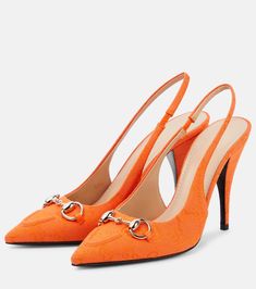 Horsebit GG canvas slingback pumps in orange - Gucci | Mytheresa Gucci Slingback, Gucci Horsebit, Slingback Pump, Heel Pumps, Gucci Shoes, High Heel Pumps, Shoe Box, Pump Shoes, Design Logo