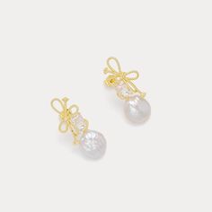 DETAILS Plating: 18K Gold  Materials: 18K Gold on Silver, Baroque Pearl, Cubic Zirconia Size: 1.18"* 0.47 "(3.0cm*1.2cm) Weight: 5.0g/pr Gold Feminine Pearl Earrings For Party, Feminine Gold Pearl Earrings For Party, Feminine Gold Pearl Earrings, Classic Gold Bow Earrings, Gold Pearl Earrings With Bow For Gift, Gold Pearl Earrings With Bow As Gift, Gold Feminine Pearl Earrings For Formal Occasions, Feminine Gold Pearl Earrings For Anniversary, Feminine Gold Pearl Earrings For Formal Occasions