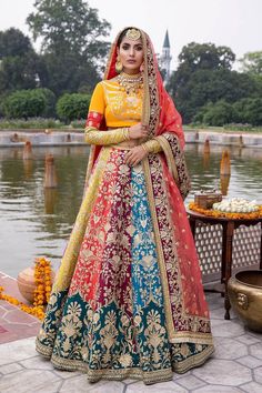 Bridal Mehndi Multi-Colored Lehengas with Choli 2022 Bride Choli, Bridal Choli, Pakistani Bridal Dress, Mehndi Dress, Embroidery Motif, Yellow Lehenga, Dresses Traditional, Pakistani Clothes, Dresses Design