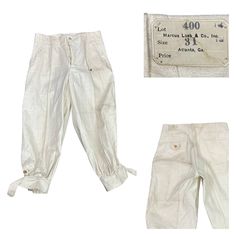 1930s Nwt Loebs White Cotton Button Fly Knickers Pants Workwear / Waist 28 Features: * Button Fly. * Waist Pockets. * Cropped Ankle With Adjustable Strap * Material: Feels Like A Woven Cotton * Circa: 1930s Measurements: * Taken Lying Flat. * Best Fit Would Be A Waist 28” * Waist- 28” * Hips- 36” * Length- 31” * Inseam- 22” Label: Loebs Mechanic Atlanta, Georgia Condition: New Old Stock With Original Tags But There Is Wear From Nearly 100 Years In Storage. Some Dust Marks In Creases, Large Spot Knickers Pants, Atlanta Georgia, Mens Trousers, Woven Cotton, Cotton Weaving, 100 Years, White Cotton, Mens Pants, Favorite Outfit