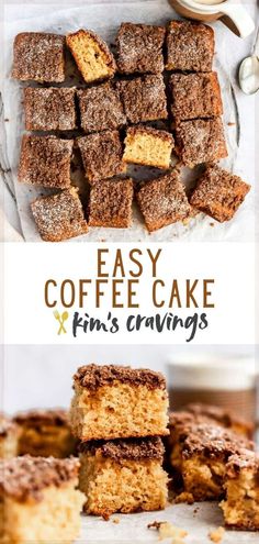 coffee cake cut into squares and stacked on top of each other with the words easy coffee cake