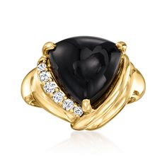 Ross-Simons - Onyx and .15 ct. t. w. Diamond Ring in 18kt Gold Over Sterling. Size 7. Bold beauty! Our statement ring features a dramatic 12x12mm triangular onyx cabochon that sits atop a cool sashed design of 18kt yellow gold over sterling silver with .15 ct. t. w. round brilliant-cut diamonds. 5/8" wide. Diamond and onyx ring. Onyx Ring, Round Brilliant Cut Diamond, Statement Ring, Round Brilliant, Statement Rings, Onyx, Diamond Ring, Size 7, Diamonds