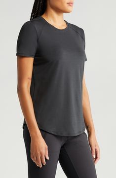 Go from workout to hangout in a raglan-sleeve T-shirt made from ultrasoft, stretchy tech fabric that wicks moisture and dries quickly. 25 1/2" length (size Medium) Crewneck Short sleeves Reflective details enhance visibility in low light or at night Moisture-wicking fabric engineered for dryness and comfort 88% polyester, 12% spandex Machine wash, tumble dry Imported This garment was made in a factory that supports women-worker empowerment through HERproject, which creates partnerships to enable Financial Inclusion, Gender Equality, Fabric Gift Bags, Paisley Design, Women Supporting Women, Fabric Gifts, Low Light, Free Fabric, Moisture Wicking Fabric