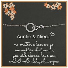 PRICES MAY VARY. Auntie Niece Infinity Bracelet: Crafted with a delicate infinity symbol and a sparkling Cubic Zirconia circle. It represents the love and unbreakable connection shared between auntie and niece. No matter where life takes you or what challenges you face, this bracelet serves as a reminder that you will always have each other. Pendant Size and Chain Length: The pendant measures approximately 10mm*25mm, while the chain has a length of 20cm,16cm with a 4.2cm extender chain. Material Meaningful Silver Infinity Jewelry, Infinity Bracelets For Anniversary And Mother's Day, Infinity Bracelets For Anniversary On Mother's Day, Mother's Day Infinity Bracelet Gift, Meaningful Infinity Jewelry For Anniversary, Adjustable Infinity Jewelry For Birthdays, Adjustable Infinity Jewelry For Birthday, Silver Bracelet For Anniversary And Mother's Day, Gifts For Niece From Aunt