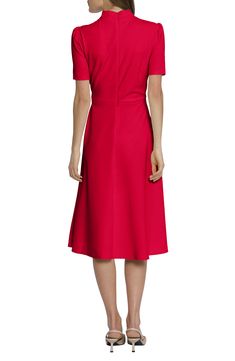 This dainty short sleeve dress is a retro inspired staple that's perfect for any well-dressed occasion. 45" length Necktie Short sleeves Back zip closure Lined 96% polyester, 4% spandex Hand wash, dry flat Imported Model stats: 5'10" height, 32" bust, 25" waist, 36" hip. Model is wearing size 2. Spring Evening Midi Dress With Cap Sleeves, Spring A-line Short Sleeve Dress For Daywear, Fitted Midi Dress With Flattering Silhouette And Short Sleeves, Cap Sleeve Dress With Flattering Silhouette For Work, Fitted Cap Sleeve Midi Dress For Formal Occasions, Spring Workwear Midi Dress With Cap Sleeves, Fitted A-line Short Sleeve Dress For Spring, Spring Cap Sleeve Midi Dress For Work, Spring Midi Dress With Cap Sleeves For Work