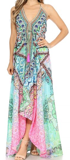 One size regular: Bust 38" (96.5 cm), Length 47" (119 cm). US 0-10, EU 30-40, UK 4-14. Shell: Silky polyester with colorful digital print. Care: Wash cold, iron from the reverse, hang dry. Dry clean recommended. Striking and dazzling maxi halter dress with embellishment and precious rock like tassels. Silky texture and light as a feather. This lovely dress features a built-in waist and shoulder tie, perfect to accommodate it to your body type. It also features a handkerchief hem and lots of volu Long Dress Beach, Tube Maxi Dresses, Printed Gowns, Long Beach Dress, Column Gown, Strapless Maxi, Dress Beach, Strapless Maxi Dress, Gowns Online