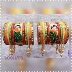 Get Ready To Reveal Your True Beauty With Stunning Hand Painted Small Length Chura Set. Center Piece Is Beautified With Hand Painted Peacock Figure. All The Beautiful Color Are Adding Charm To The Look. This Exclusive Ensemble Is Ready To Go With Every Of Your Outfit. Kundan Bangles At Both End Of This Ensemble Are Making It More Adorable. This Beautiful Combination Is All Set To Be Your Next Best Friend.  This Is A Set Of 22 Bangles (11 For Each Hand). Kundan Bracelets With Motifs For Wedding, Traditional Peacock Design Bracelets For Wedding, Traditional Wedding Bracelets With Peacock Design, Traditional Peacock Design Wedding Bracelets, Diwali Wedding Traditional Wear With Peacock Design, Festive Peacock Design Bracelets For Festivals, Peacock Design Bangle For Wedding, Traditional Peacock Design Bangle For Festive Occasions, Traditional Peacock Design Bangle For Festivals