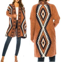 AZTEC TRIBAL SOUTHWESTERN PRINT KNIT CARDIGAN SWEATER DUSTER TOP Description   Aztec Tribal Southwestern Print Knit Cardigan Sweater Duster Top. Super Hot Design!!!   Size    SMALL Size  XS 0/2  S   2/4  M  6/8 L 10/12 XL12/14 Bust  31-32  33-34  35-36  37-38  39-40 Waist  23-24  25-26  27-28  29-30  31-32 Hips  33-34  35-36  37-38  39-40  41-42   Color   Rust/Black/White  /  as pictured   Fabric Content  Soft Acrylic  Condition  Brand New. Imported.   Thank You for shopping with Us! Your busine Bohemian Fair Isle Cardigan For Fall, Bohemian Fair Isle Pattern Cardigan For Fall, Southwestern Style Brown Outerwear For Fall, Southwestern Brown Outerwear For Fall, Bohemian Brown Long Sleeve Sweater Coat, Long Cardigan Sweater, Southwestern Print, Sweater Duster, Gilet Long