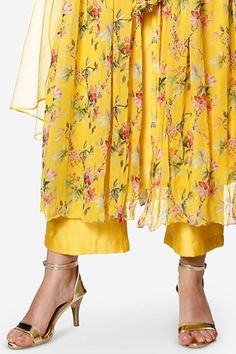 Amber yellow pleated long jacket with multi colored flora prints, highlighted with sequins, cutdana and pearls hand embroidery. Comes with chanderi long kurta, pant and dupatta. - Aza Fashions Floral Print Jacket, Long Kurta, Yellow Jacket, Long Jacket, Fashion App, Print Jacket, Set For Women, Aza Fashion, Multi Colored