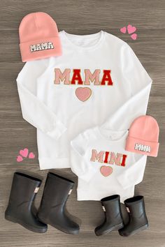 Mom & Me - Mama & Mini White Chenille Patch Top - Sparkle in Pink White Tops With Embroidered Graphics For Mother's Day, White Embroidered Tops For Mother's Day, Embroidered White Tops For Mother's Day, Family Matching Pink Tops For Fall, White Tops With Letter Embroidery For Mother's Day, Customizable Pink Tops For Fall, Chenille Patch Ideas, Iron On Patches Sweatshirt Ideas, Iron On Patch Ideas Clothes