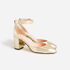 J.Crew: Maisie Ankle-strap Heels In Metallic For Women Gold Mary Janes, Ankle Strap Heels, Strap Heels, Mary Janes, Ankle Strap, J Crew, Dress Shoes, Autumn Fashion, Shoes Heels