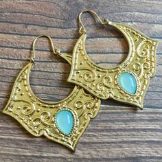 Goldtone Ornate Moroccan Style Earrings With A Light Blue Glass Cab In The Center Approximately 2” Long Multiple Hoop Earrings, Blue Hoop Earrings, Moroccan Jewelry, Turquoise Hoop Earrings, Face Earrings, Etched Designs, Indian Earrings, Fashion Jewelry Earrings, Flower Earrings Studs