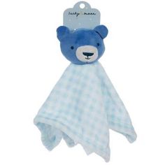 a blue teddy bear wrapped in a white checkered blanket