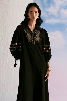 Black cotton shift dress with bead, cutdana, sequin embroidery in floral pattern. - Aza Fashions Elegant Embroidered Dress With Mirror Work For Eid, Bohemian Dresses With Embroidered Sleeves For Eid, Bohemian Eid Dresses With Embroidered Sleeves, Black Sequin Dress For Eid, Eid Evening Dresses With Mirror Work, Bohemian Embroidered Dress For Evening, Black Floral Embroidered Dress For Eid, Traditional Embroidered Dress With Sequins, Traditional Embroidered Sequin Dress