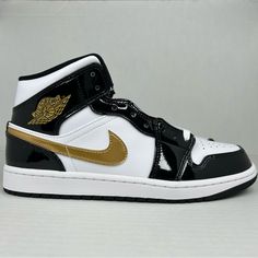 - Nike Air Jordan 1 Mid Se - Brand New Condition - Size Men's 9/Women's10.5 - Cm 27 - Black/Metallic Gold-White This Pair Is Brand New In Box. Shoes In Photos Is The Exact Pair You Are Purchasing. Your Satisfaction Is Very Important To Me, Please Reach Out If You Have Any Questions. Final Sale Thank You For Your Purchase. Black Casual Custom Sneakers In Patent Leather, Black Patent Leather Casual Custom Sneakers, Casual Black Patent Leather Custom Sneakers, Black High-top Patent Leather Custom Sneakers, Black Patent Leather High-top Custom Sneakers, Black Patent Leather Custom Sneakers With Round Toe, Black High-top Jordan Shoes With Branded Heel, Black High-top Jordan Shoes With Branded Heel Counter, Air Jordan 1 Mid Se