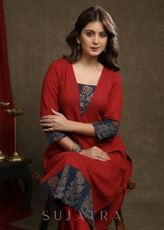 Plain Kurti With Printed Pants, Latest Kurta Sets For Women, Plain Kurti Designs Latest Fashion, Modal Silk Ajrakh Kurti, Modal Silk Kurti Designs, Kurti From Saree, Stylish Kurti Designs Latest, Silk Kurti Designs Latest, Ajrakh Kurta Designs