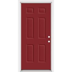 a red door with two white knobs on the front and side panels, against a white background