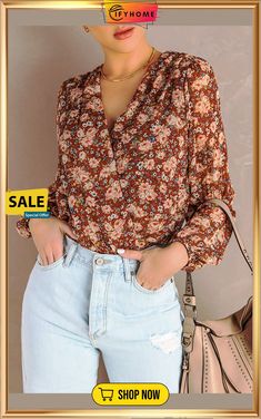 Brown Floral Print V Neck Blouse Brown Floral Print, Brown Floral, V Neck Blouse, Floral Print, On Sale, Floral Prints, V Neck, Free Shipping, Floral