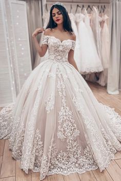 Ball Gown Off The Shoulder Lace Wedding Dress Lace Up Bridal Dress,WW072 Off Shoulder Ball Gown, Lace Applique Wedding Dress, Pnina Tornai, Bridal Ball Gown, Lace Ball Gowns, Applique Wedding Dress, Bridal Party Dresses, A Wedding Dress, Lace Bridal