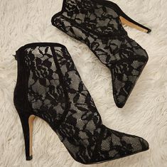 Ny&Co New Lace With Vegan Faux Suede Back Stiletto Heeled Boots Pointed Toe Over Ankle Shin Height Boots Zipper Back Tried On And Just Stored Never Worn Out Of The House No Box No Flaws Elegant Fitted Booties With Closed Toe, Black Lace Heels With Round Toe, Elegant Fitted Closed Toe Booties, Elegant Booties For Night Out In Spring, Party Ankle Booties With 4-inch Heel, Party Ankle Boots With 4-inch Heel, Fitted High Heel Booties For Night Out, Party Booties With 4-inch Heel And Medium Width, Party Booties With 4-inch Heel And Round Toe