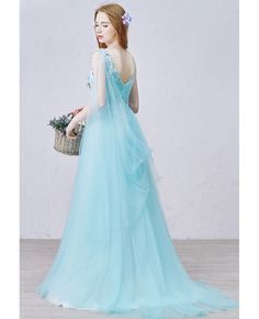 Shop affordable romantic a-line v-neck sweep train tulle wedding dress with appliques lace online. Free Shipping and Custom-made. Pro since 2009. Prom Dress Blue, Tulle Material, Tulle Evening Dress, Prom Ball Gown, Ball Gowns Evening, Tulle Wedding, Dress Prom, Prom Dresses Blue, Tulle Wedding Dress