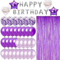 PRICES MAY VARY. the purple birthday balloon kit includes: 1 set of 16inch happy birthday balloons,2pcs 18inch purple five-pointed star balloons,2pcs 18inch silver love-heart balloons,12pcs 12inch deep purple balloons,12pcs 12inch light purple balloons,6pcs 12inch purple confetti balloons,2pcs purple fringed curtain,1 roll of ribbon. Perfect birthday decoration set for girls and ladies. Blow up these balloons with Air or Helium, Great for 16th, 18th,20th,30th, 40th, 50th, 60th, 70th, 80th, birth Silver Birthday Decorations, Purple Birthday Party Decorations, Purple Birthday Decorations, Banner For Birthday, Gold Birthday Decorations, Purple Birthday Party, Birthday Package, Balloon Curtains, Purple Confetti