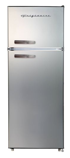 a silver refrigerator freezer sitting on top of a white floor