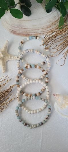 5 Beach Bracelets, Boho Bracelets, Sea Glass Bracelets, Beachy Bracelets, Coastal Style Gift, Seashell Bracelet, Gift for Mom, Beach Jewelry - Etsy Rock Jewelry Diy Stones, Bracelets Beachy, Stretch Beaded Bracelets Diy, Beachy Bracelets, Girly Bracelets, Glass Bracelets, Coastal Crafts, Seashell Bracelet, Bracelets Boho