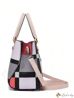 BirdinBag - Modern Square Bag with Colorblock Plaid Pattern and Letter Decoration Multicolor Color Block Bag For Daily Use, Multicolor Color Block Bag For Shopping, Travel Color Block Shoulder Bag, Color Block Satchel Shoulder Bag For Travel, Multicolor Color Block Shopping Bag, Multicolor Square Color Block Bag, Color Block Shoulder Bag For Daily Use, Everyday Use Color Block Tote Bag, Multicolor Satchel Shoulder Bag For Office