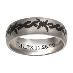 Personalize this titanium band with the engraving of your choice inside the band. Adjustable Engraved Promise Bands, Black Stainless Steel Engraved Ring, Adjustable Stainless Steel Engraved Ring, Barbed Wire Design, Wire Design, Jared The Galleria Of Jewelry, Barbed Wire, The Band, Personalized Jewelry